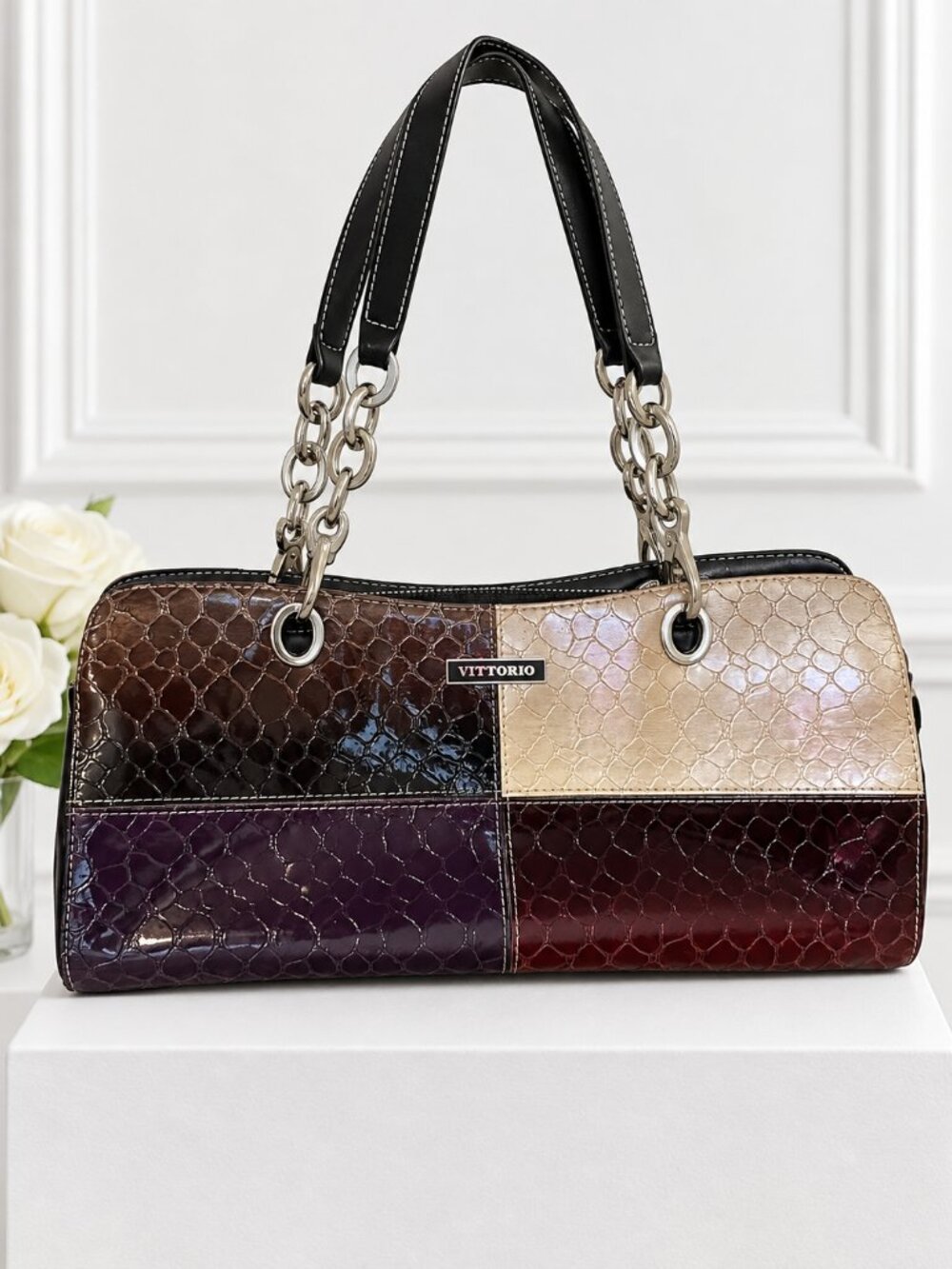 Vittorio Colorblock Croc-Embossed Shoulder Bag